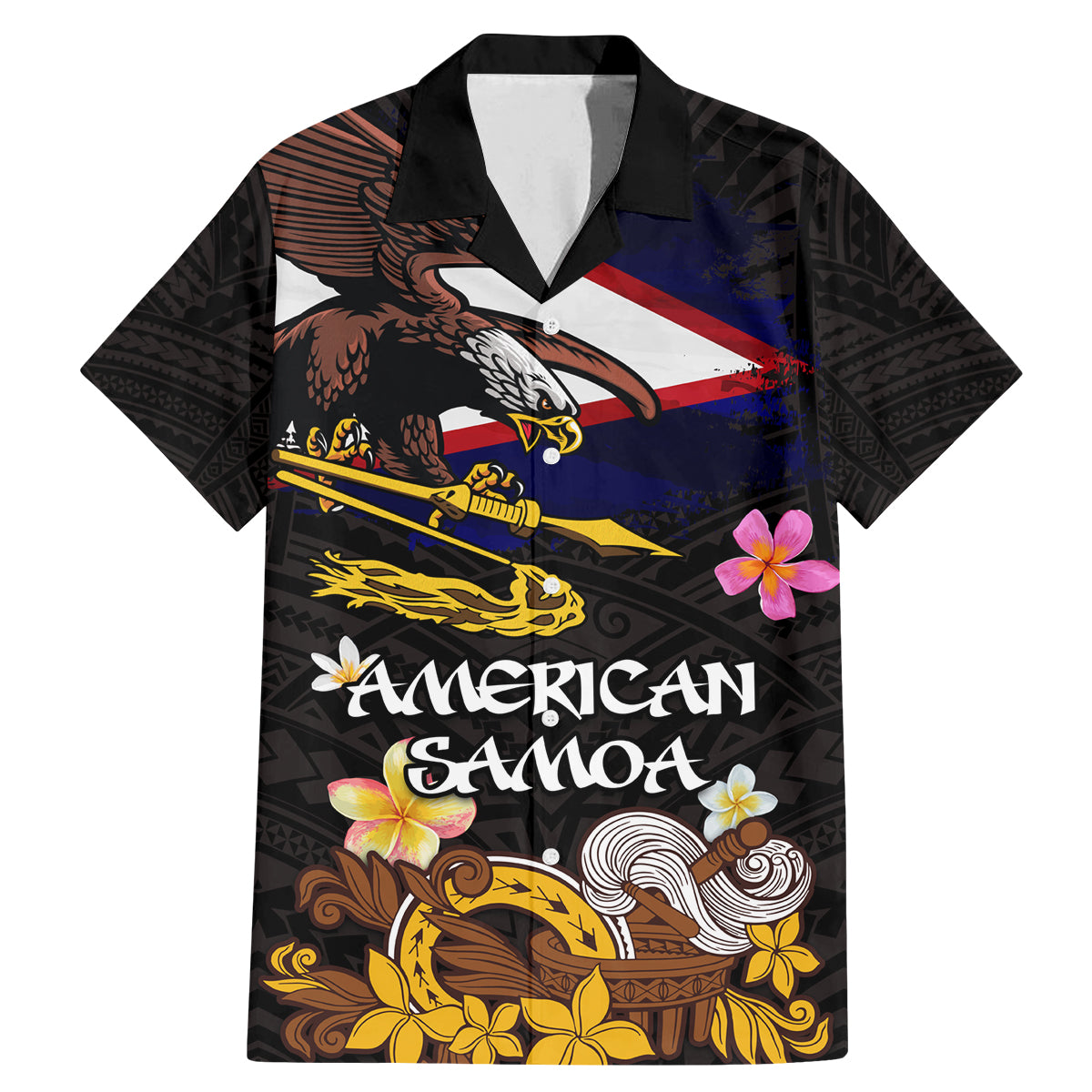 American Samoa Fue and Kava Bowl Family Matching Mermaid Dress and Hawaiian Shirt Plumeria and Polynesian Pattern LT03 Dad's Shirt - Short Sleeve Black - Polynesian Pride