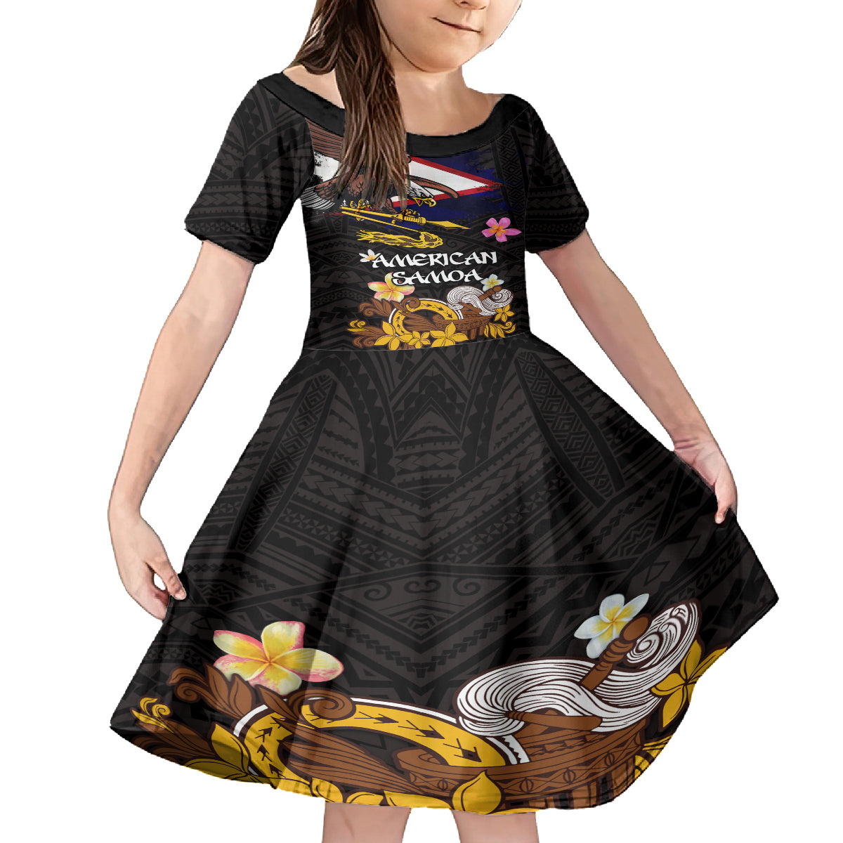 American Samoa Fue and Kava Bowl Family Matching Off Shoulder Maxi Dress and Hawaiian Shirt Plumeria and Polynesian Pattern LT03 Daughter's Dress Black - Polynesian Pride
