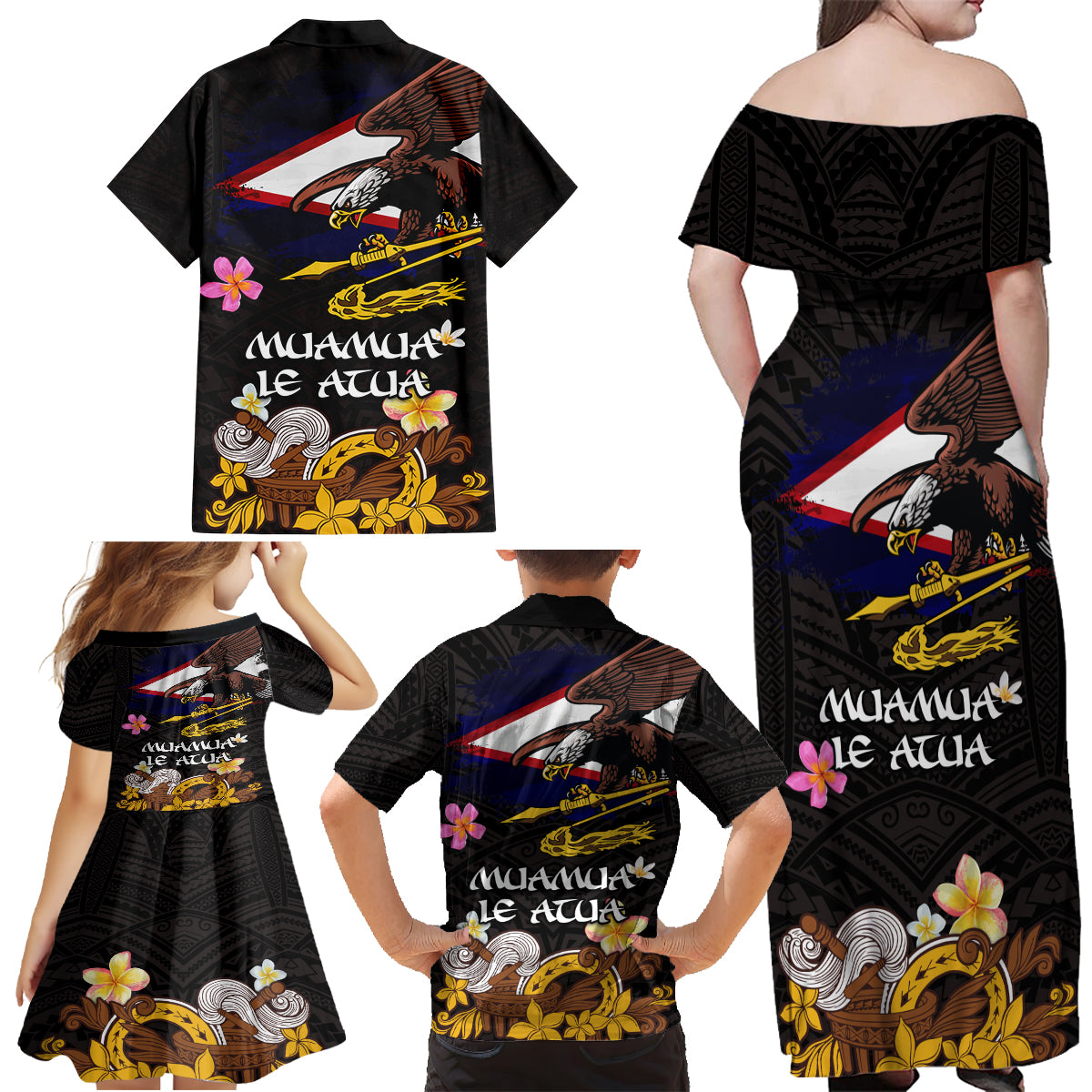 American Samoa Fue and Kava Bowl Family Matching Off Shoulder Maxi Dress and Hawaiian Shirt Plumeria and Polynesian Pattern LT03 - Polynesian Pride