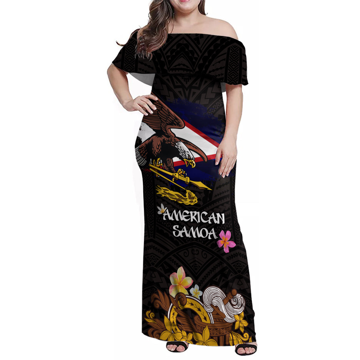 American Samoa Fue and Kava Bowl Family Matching Off Shoulder Maxi Dress and Hawaiian Shirt Plumeria and Polynesian Pattern LT03 Mom's Dress Black - Polynesian Pride