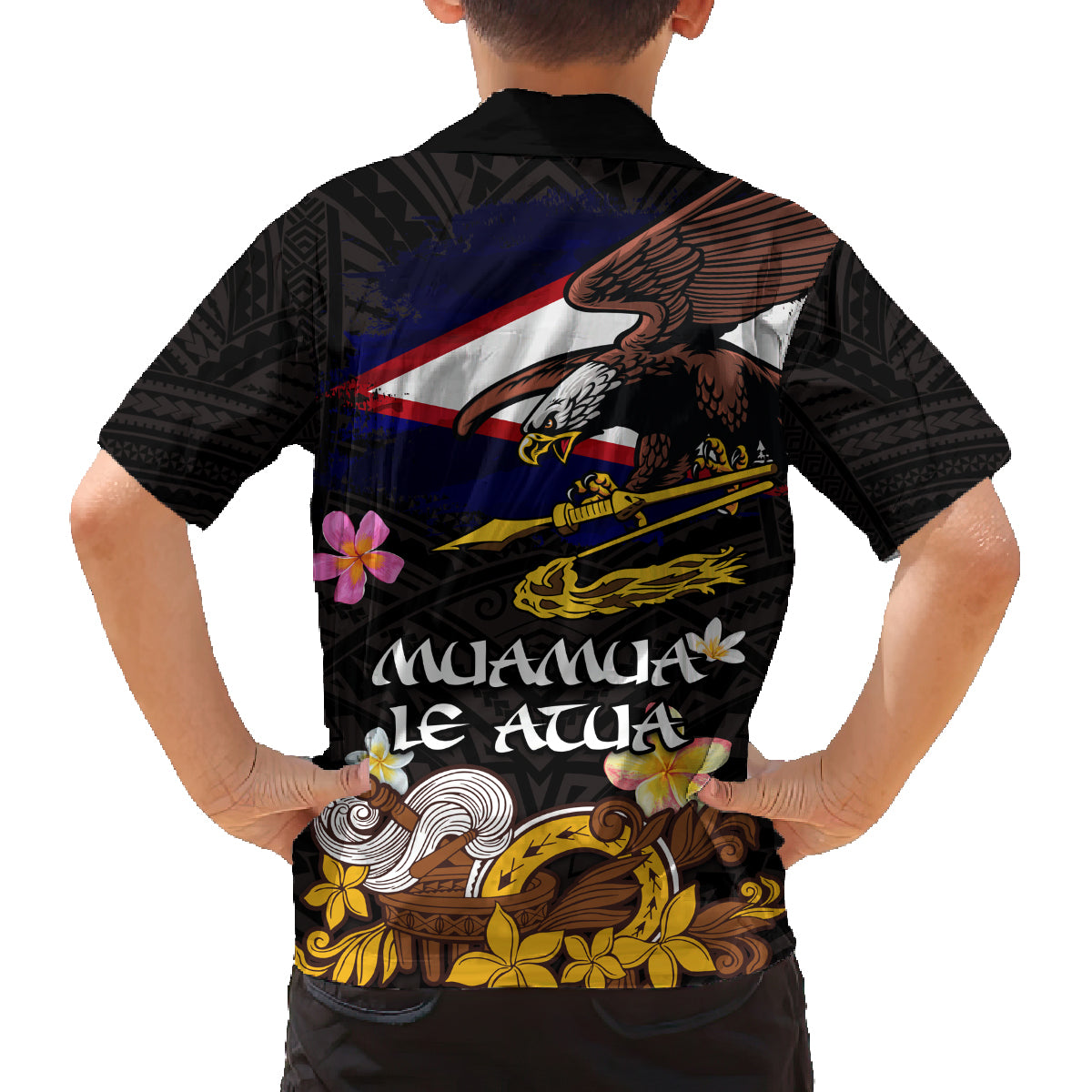 American Samoa Fue and Kava Bowl Family Matching Off Shoulder Short Dress and Hawaiian Shirt Plumeria and Polynesian Pattern LT03 - Polynesian Pride
