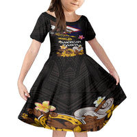 American Samoa Fue and Kava Bowl Family Matching Off Shoulder Short Dress and Hawaiian Shirt Plumeria and Polynesian Pattern LT03 Daughter's Dress Black - Polynesian Pride