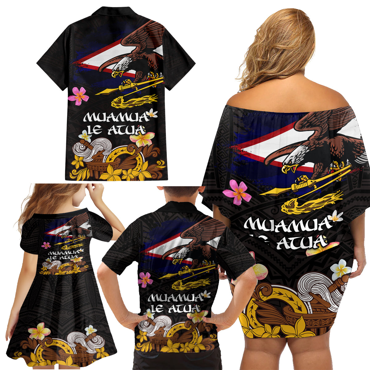 American Samoa Fue and Kava Bowl Family Matching Off Shoulder Short Dress and Hawaiian Shirt Plumeria and Polynesian Pattern LT03 - Polynesian Pride