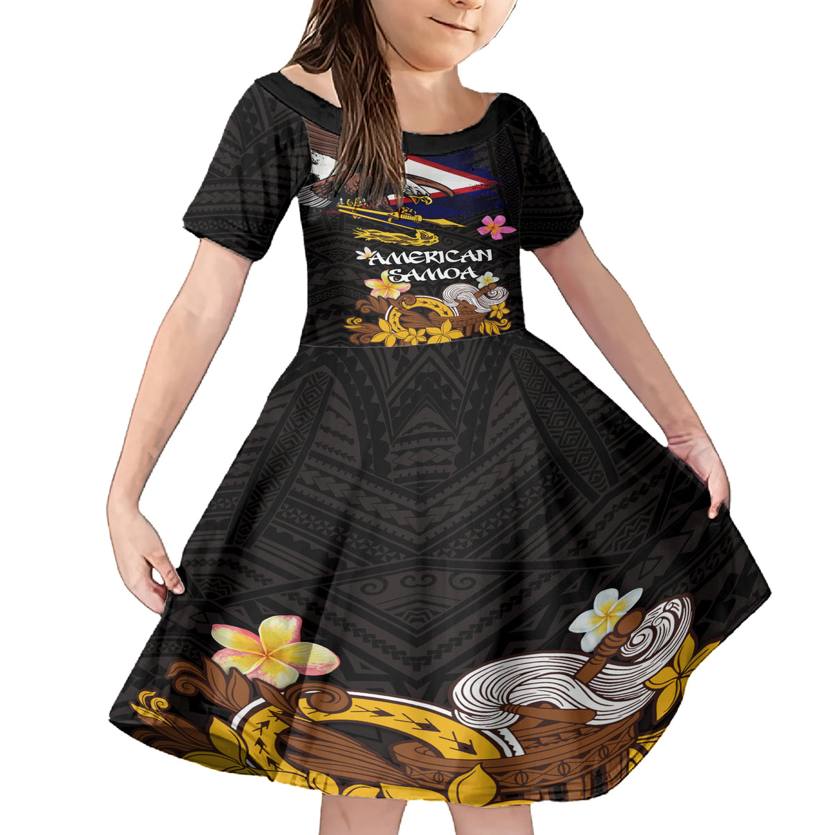 American Samoa Fue and Kava Bowl Family Matching Short Sleeve Bodycon Dress and Hawaiian Shirt Plumeria and Polynesian Pattern LT03 Daughter's Dress Black - Polynesian Pride