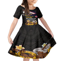 American Samoa Fue and Kava Bowl Family Matching Short Sleeve Bodycon Dress and Hawaiian Shirt Plumeria and Polynesian Pattern LT03 Daughter's Dress Black - Polynesian Pride