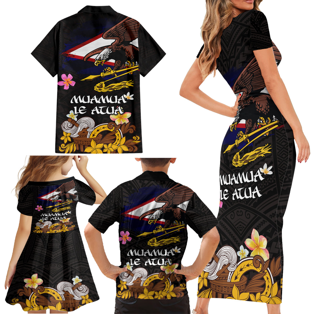 American Samoa Fue and Kava Bowl Family Matching Short Sleeve Bodycon Dress and Hawaiian Shirt Plumeria and Polynesian Pattern LT03 - Polynesian Pride