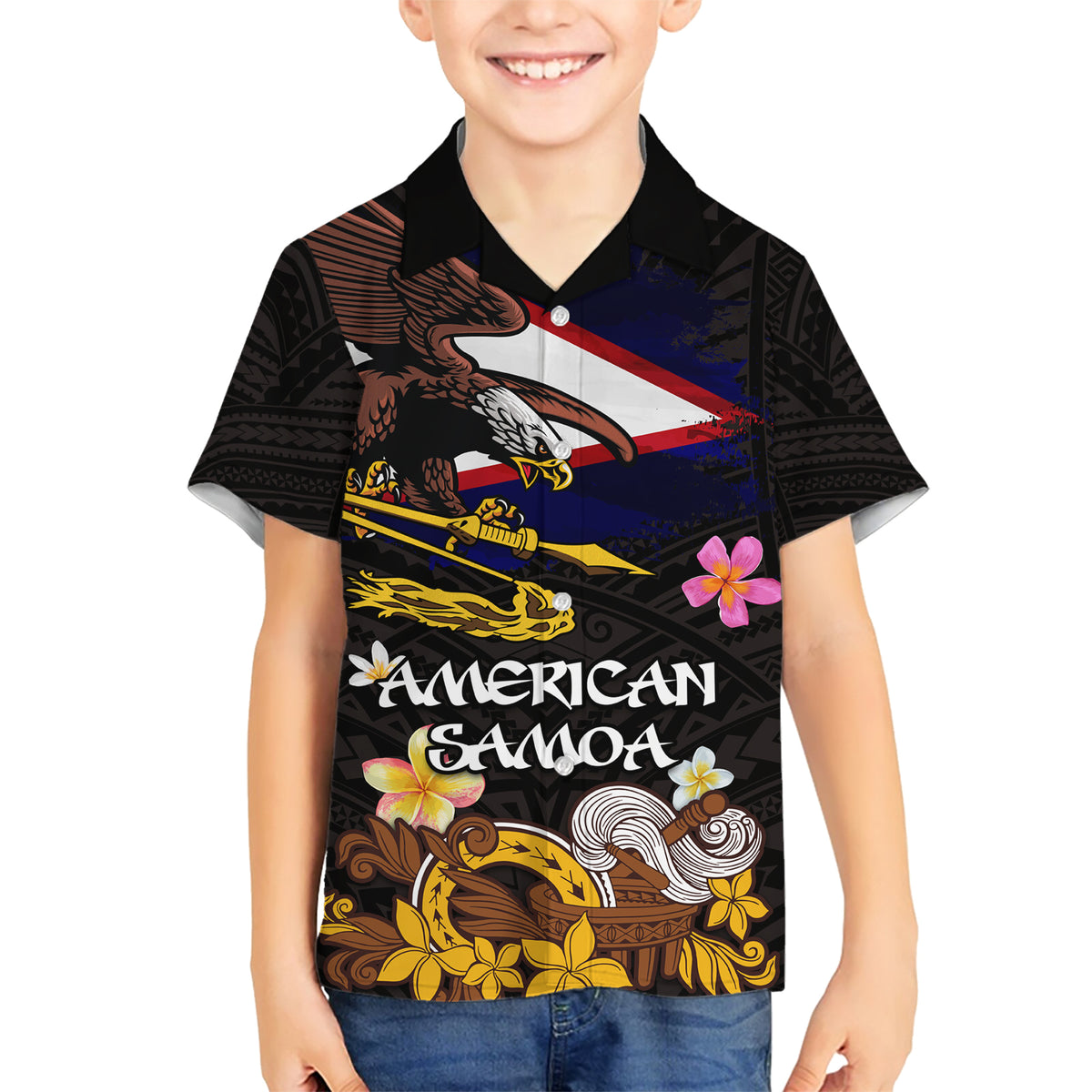 American Samoa Fue and Kava Bowl Family Matching Short Sleeve Bodycon Dress and Hawaiian Shirt Plumeria and Polynesian Pattern LT03 Son's Shirt Black - Polynesian Pride