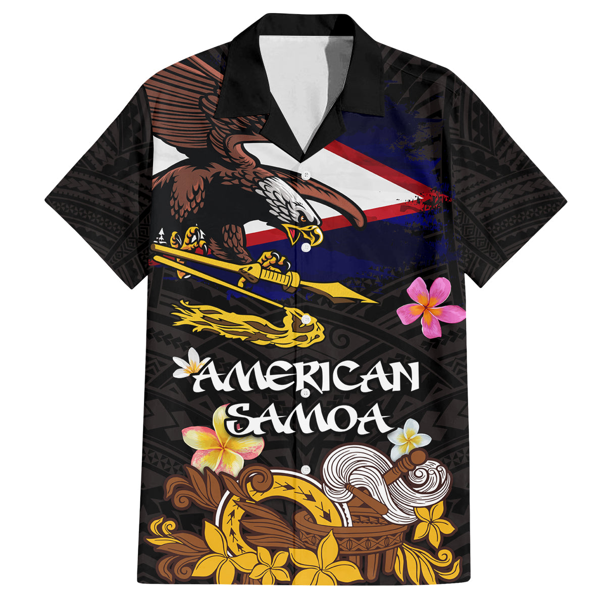 American Samoa Fue and Kava Bowl Family Matching Summer Maxi Dress and Hawaiian Shirt Plumeria and Polynesian Pattern LT03 Dad's Shirt - Short Sleeve Black - Polynesian Pride