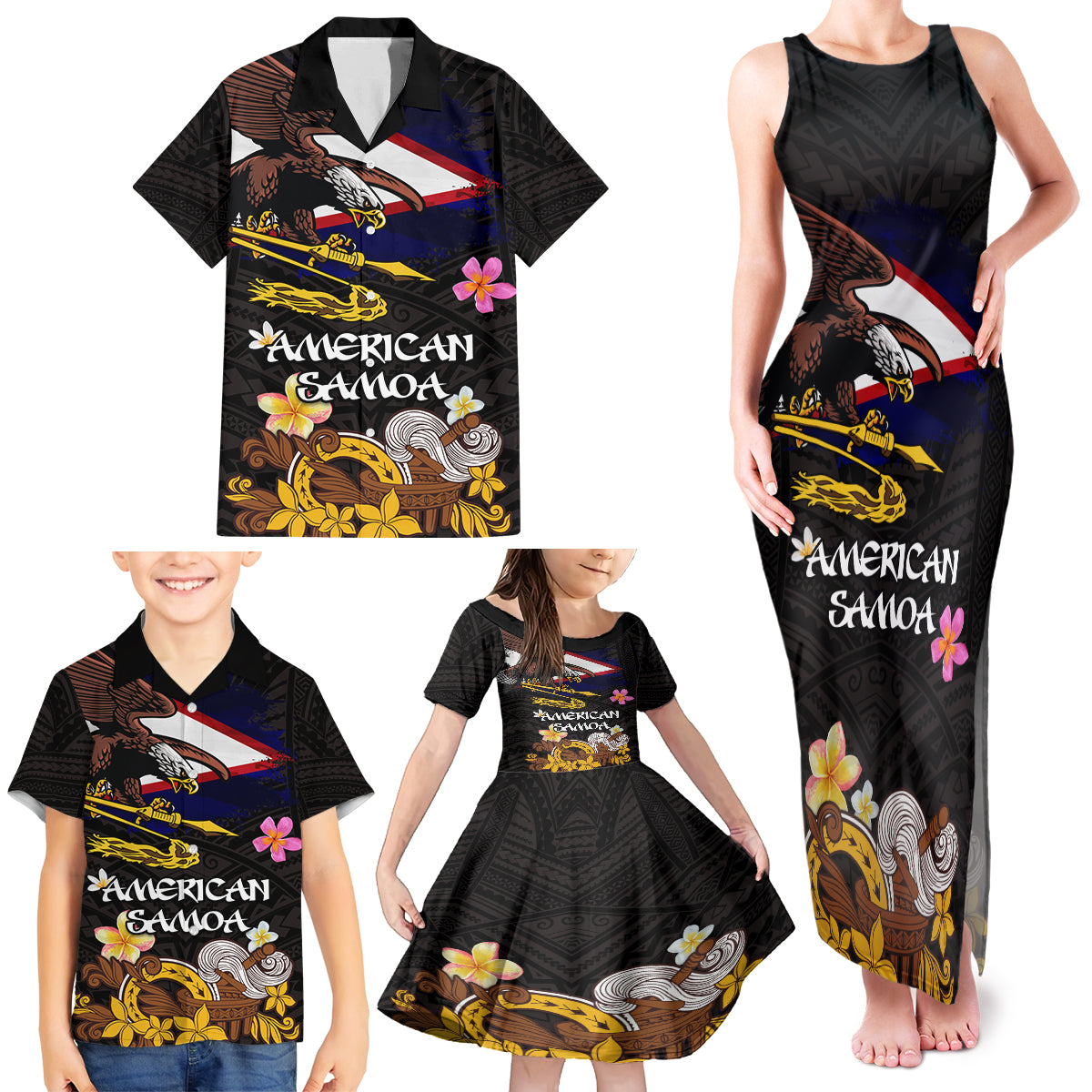 American Samoa Fue and Kava Bowl Family Matching Tank Maxi Dress and Hawaiian Shirt Plumeria and Polynesian Pattern LT03 - Polynesian Pride