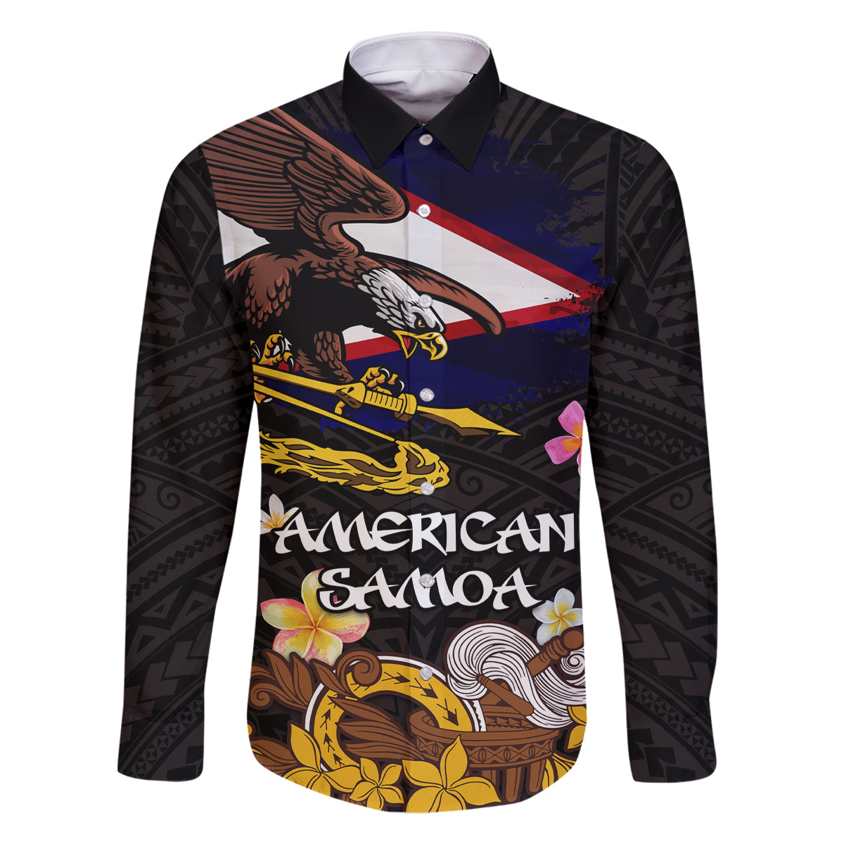 American Samoa Fue and Kava Bowl Family Matching Tank Maxi Dress and Hawaiian Shirt Plumeria and Polynesian Pattern LT03 Dad's Shirt - Long Sleeve Black - Polynesian Pride