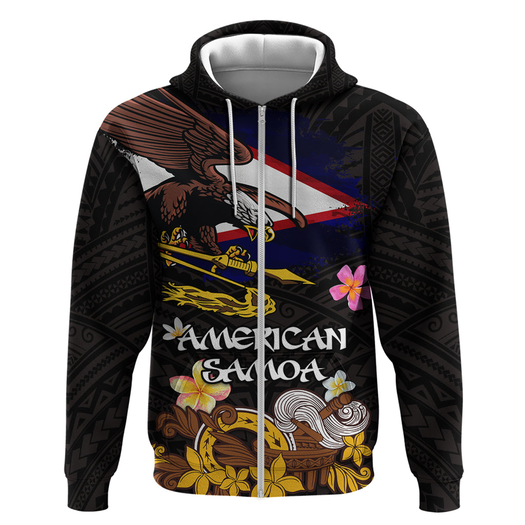 American Samoa Fue and Kava Bowl Hoodie Plumeria and Polynesian Pattern LT03 Zip Hoodie Black - Polynesian Pride