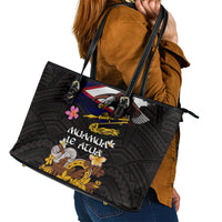 American Samoa Fue and Kava Bowl Leather Tote Bag Plumeria and Polynesian Pattern