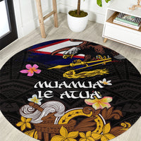 American Samoa Fue and Kava Bowl Round Carpet Plumeria and Polynesian Pattern LT03 Black - Polynesian Pride