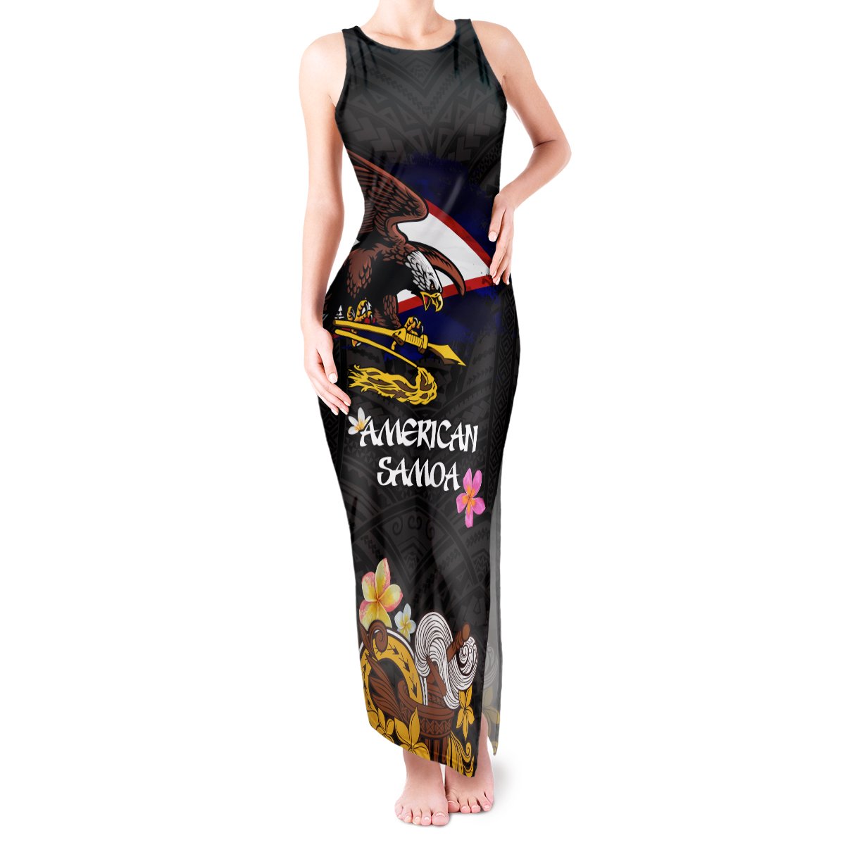 American Samoa Fue and Kava Bowl Tank Maxi Dress Plumeria and Polynesian Pattern