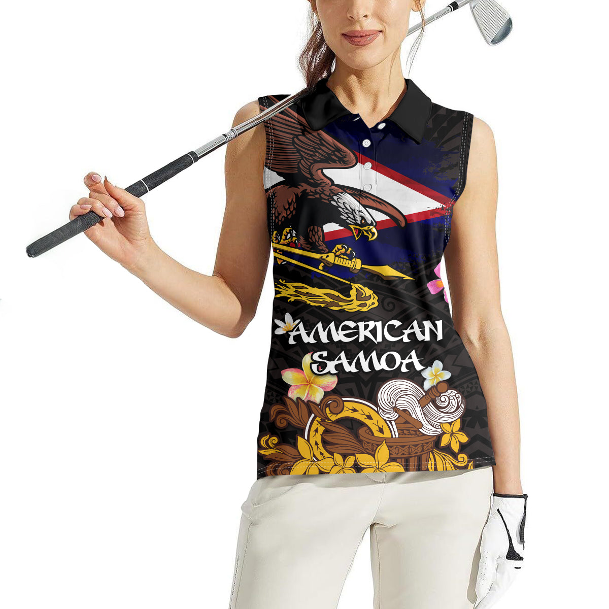 American Samoa Fue and Kava Bowl Women Sleeveless Polo Shirt Plumeria and Polynesian Pattern LT03 - Polynesian Pride