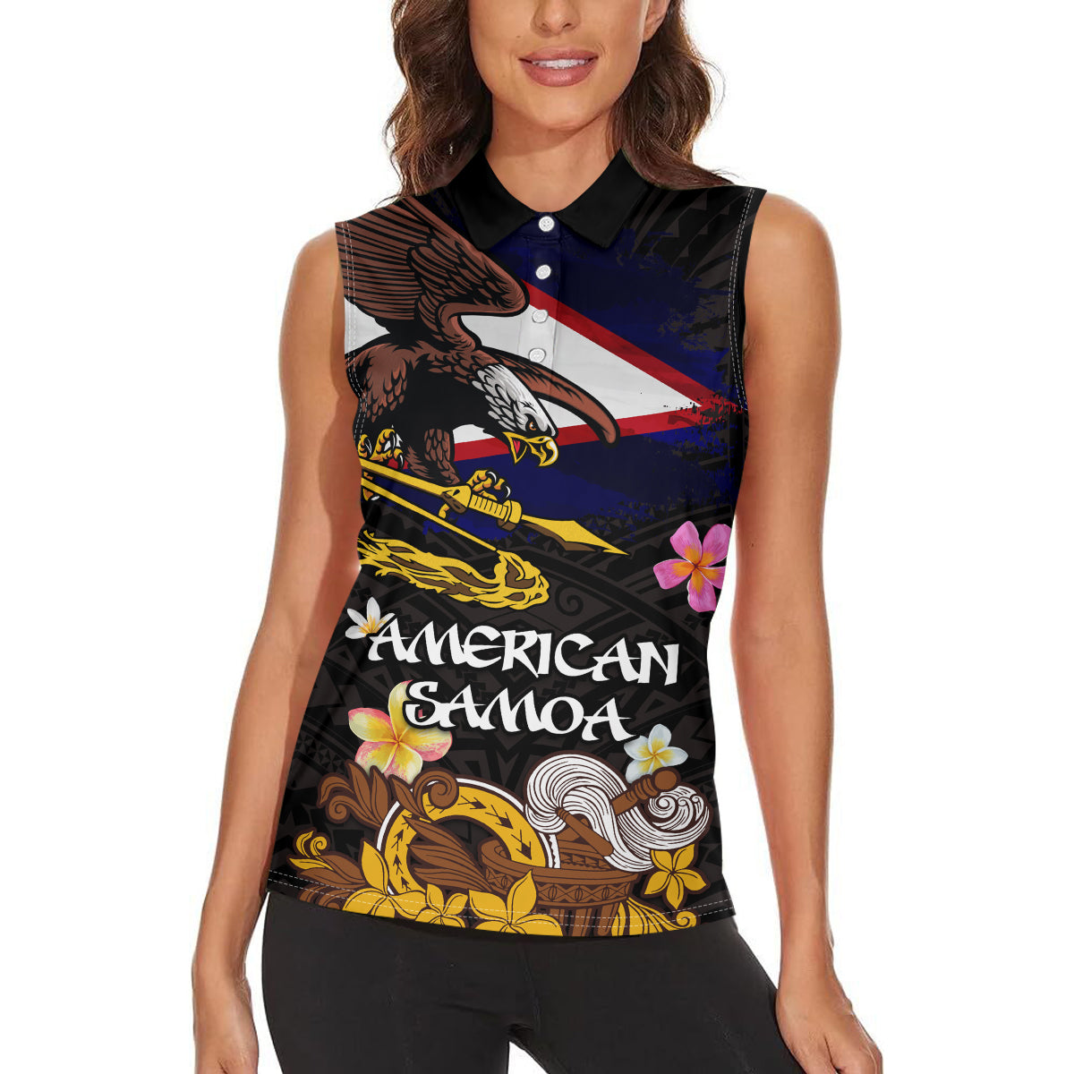 American Samoa Fue and Kava Bowl Women Sleeveless Polo Shirt Plumeria and Polynesian Pattern LT03 - Polynesian Pride