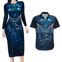 New Zealand Matariki Couples Matching Long Sleeve Bodycon Dress and Hawaiian Shirt Maori Pattern and Kiwi Bird Haka Dance Sky Night LT03 Blue - Polynesian Pride