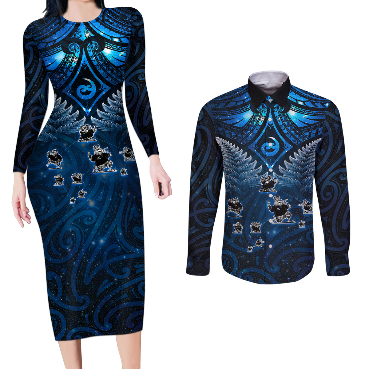 New Zealand Matariki Couples Matching Long Sleeve Bodycon Dress and Long Sleeve Button Shirt Maori Pattern and Kiwi Bird Haka Dance Sky Night LT03 Blue - Polynesian Pride