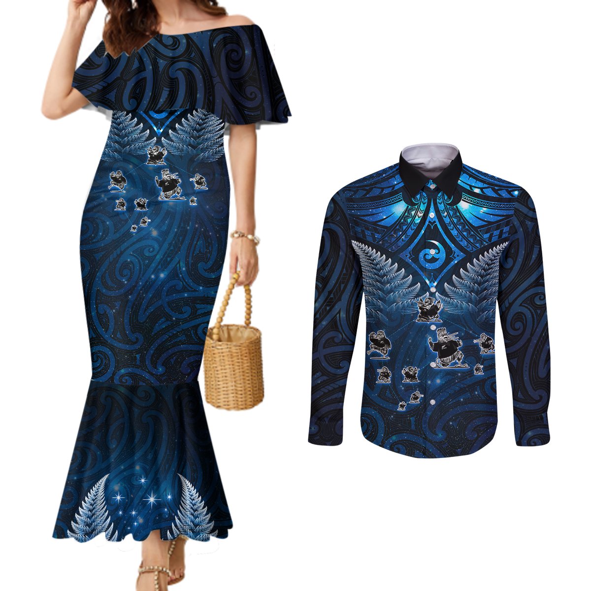 New Zealand Matariki Couples Matching Mermaid Dress and Long Sleeve Button Shirt Maori Pattern and Kiwi Bird Haka Dance Sky Night LT03 Blue - Polynesian Pride