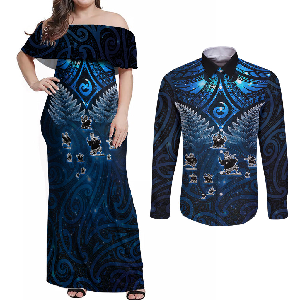 New Zealand Matariki Couples Matching Off Shoulder Maxi Dress and Long Sleeve Button Shirt Maori Pattern and Kiwi Bird Haka Dance Sky Night LT03 Blue - Polynesian Pride