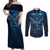 New Zealand Matariki Couples Matching Off Shoulder Maxi Dress and Long Sleeve Button Shirt Maori Pattern and Kiwi Bird Haka Dance Sky Night LT03 Blue - Polynesian Pride