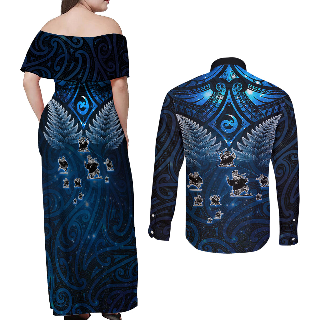New Zealand Matariki Couples Matching Off Shoulder Maxi Dress and Long Sleeve Button Shirt Maori Pattern and Kiwi Bird Haka Dance Sky Night LT03 - Polynesian Pride