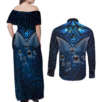 New Zealand Matariki Couples Matching Off Shoulder Maxi Dress and Long Sleeve Button Shirt Maori Pattern and Kiwi Bird Haka Dance Sky Night LT03 - Polynesian Pride