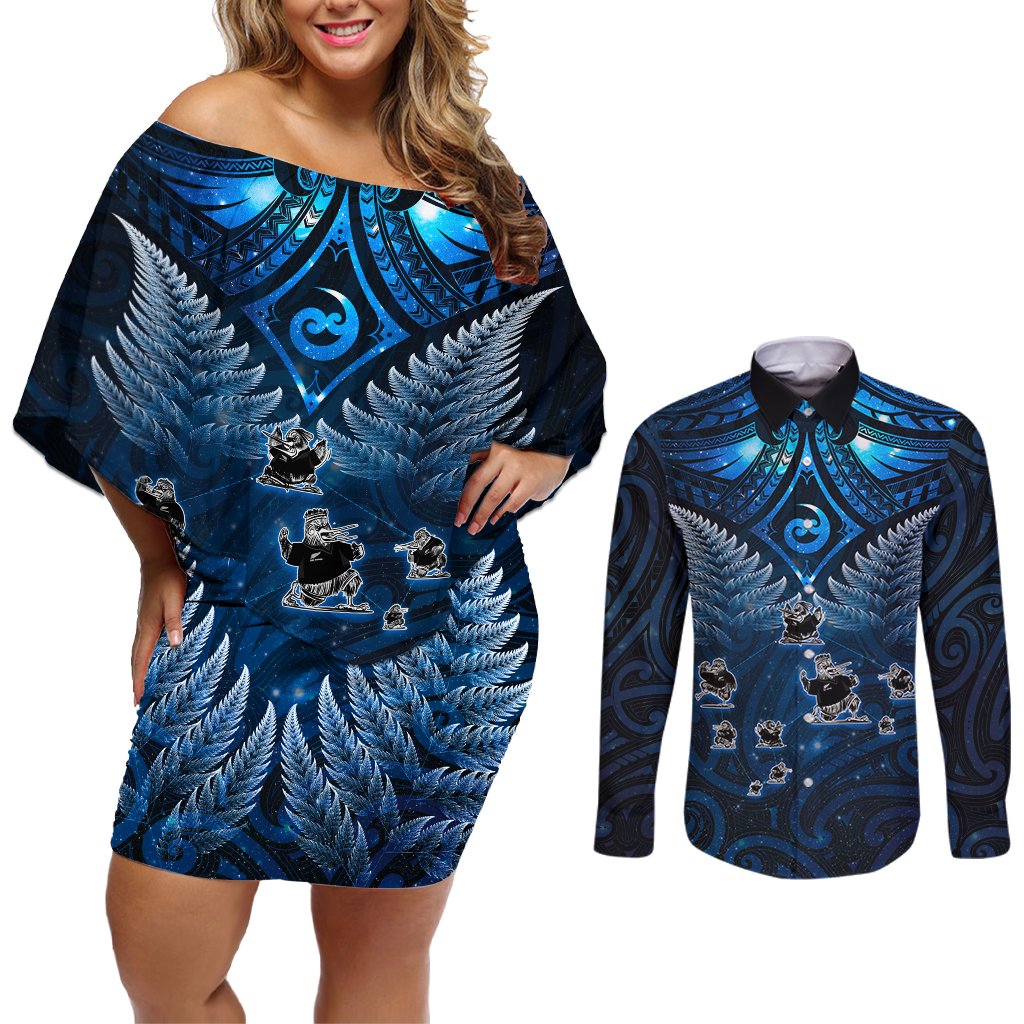 New Zealand Matariki Couples Matching Off Shoulder Short Dress and Long Sleeve Button Shirt Maori Pattern and Kiwi Bird Haka Dance Sky Night LT03 Blue - Polynesian Pride