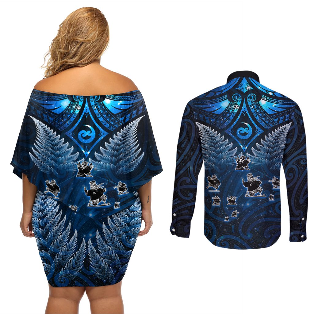 New Zealand Matariki Couples Matching Off Shoulder Short Dress and Long Sleeve Button Shirt Maori Pattern and Kiwi Bird Haka Dance Sky Night LT03 - Polynesian Pride