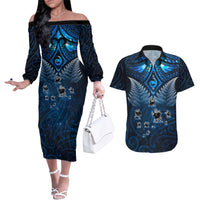 New Zealand Matariki Couples Matching Off The Shoulder Long Sleeve Dress and Hawaiian Shirt Maori Pattern and Kiwi Bird Haka Dance Sky Night LT03 Blue - Polynesian Pride