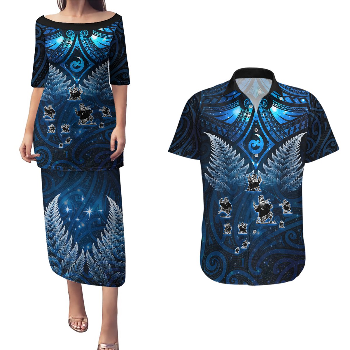 New Zealand Matariki Couples Matching Puletasi and Hawaiian Shirt Maori Pattern and Kiwi Bird Haka Dance Sky Night LT03 Blue - Polynesian Pride