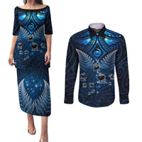 New Zealand Matariki Couples Matching Puletasi and Long Sleeve Button Shirt Maori Pattern and Kiwi Bird Haka Dance Sky Night LT03 Blue - Polynesian Pride