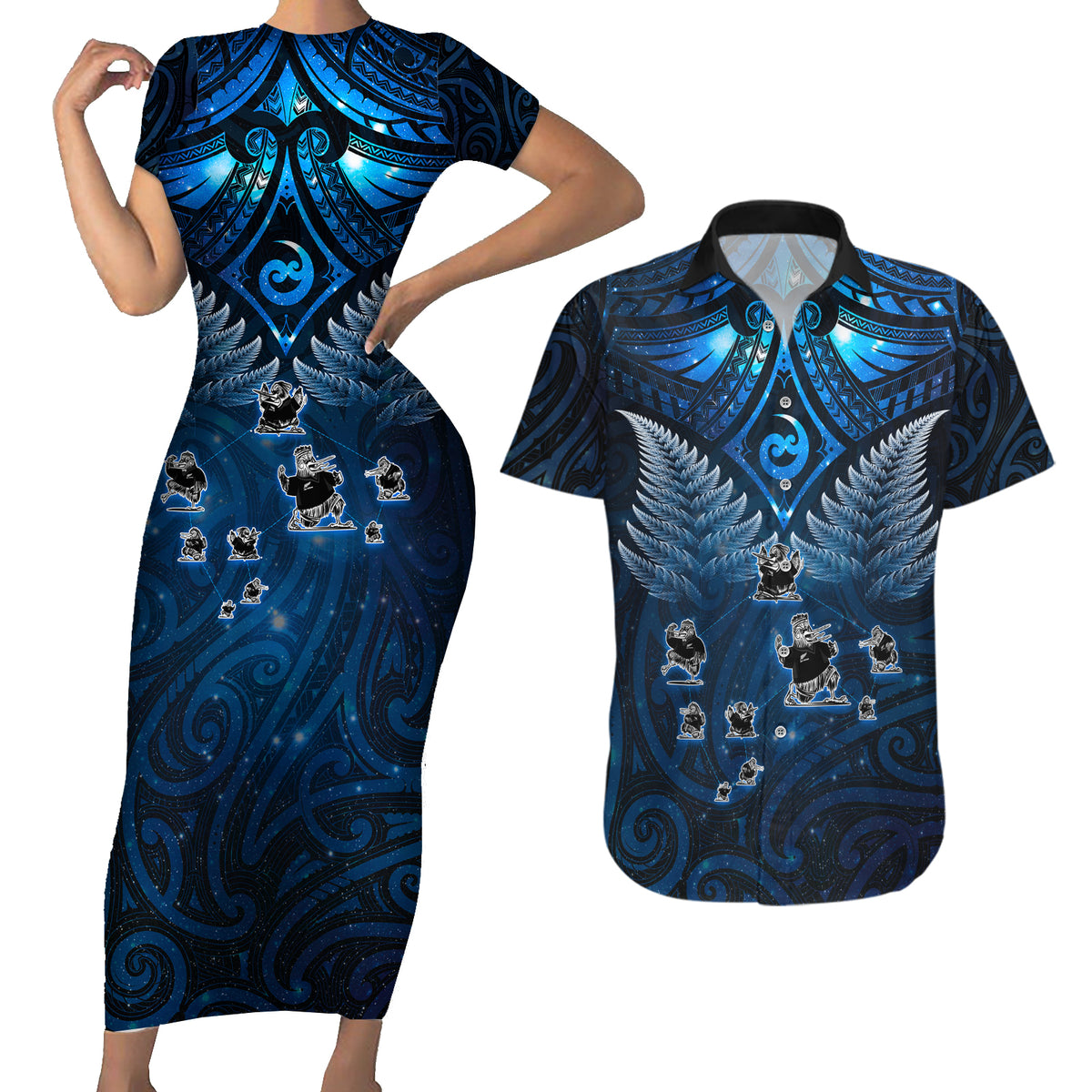 New Zealand Matariki Couples Matching Short Sleeve Bodycon Dress and Hawaiian Shirt Maori Pattern and Kiwi Bird Haka Dance Sky Night LT03 Blue - Polynesian Pride