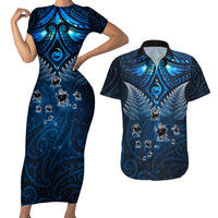 New Zealand Matariki Couples Matching Short Sleeve Bodycon Dress and Hawaiian Shirt Maori Pattern and Kiwi Bird Haka Dance Sky Night LT03 Blue - Polynesian Pride