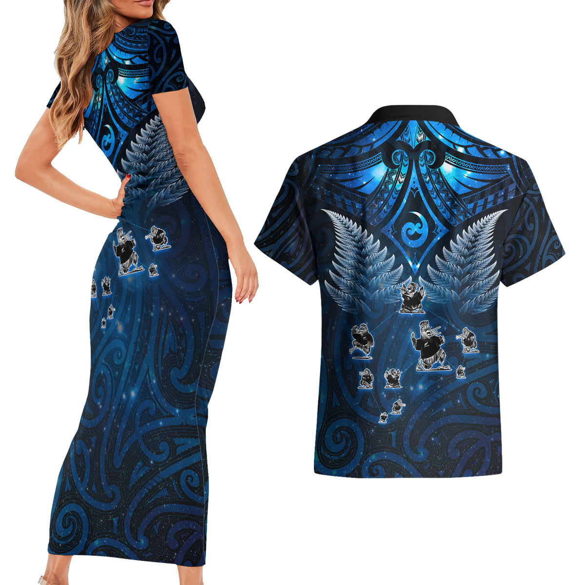 New Zealand Matariki Couples Matching Short Sleeve Bodycon Dress and Hawaiian Shirt Maori Pattern and Kiwi Bird Haka Dance Sky Night LT03 - Polynesian Pride