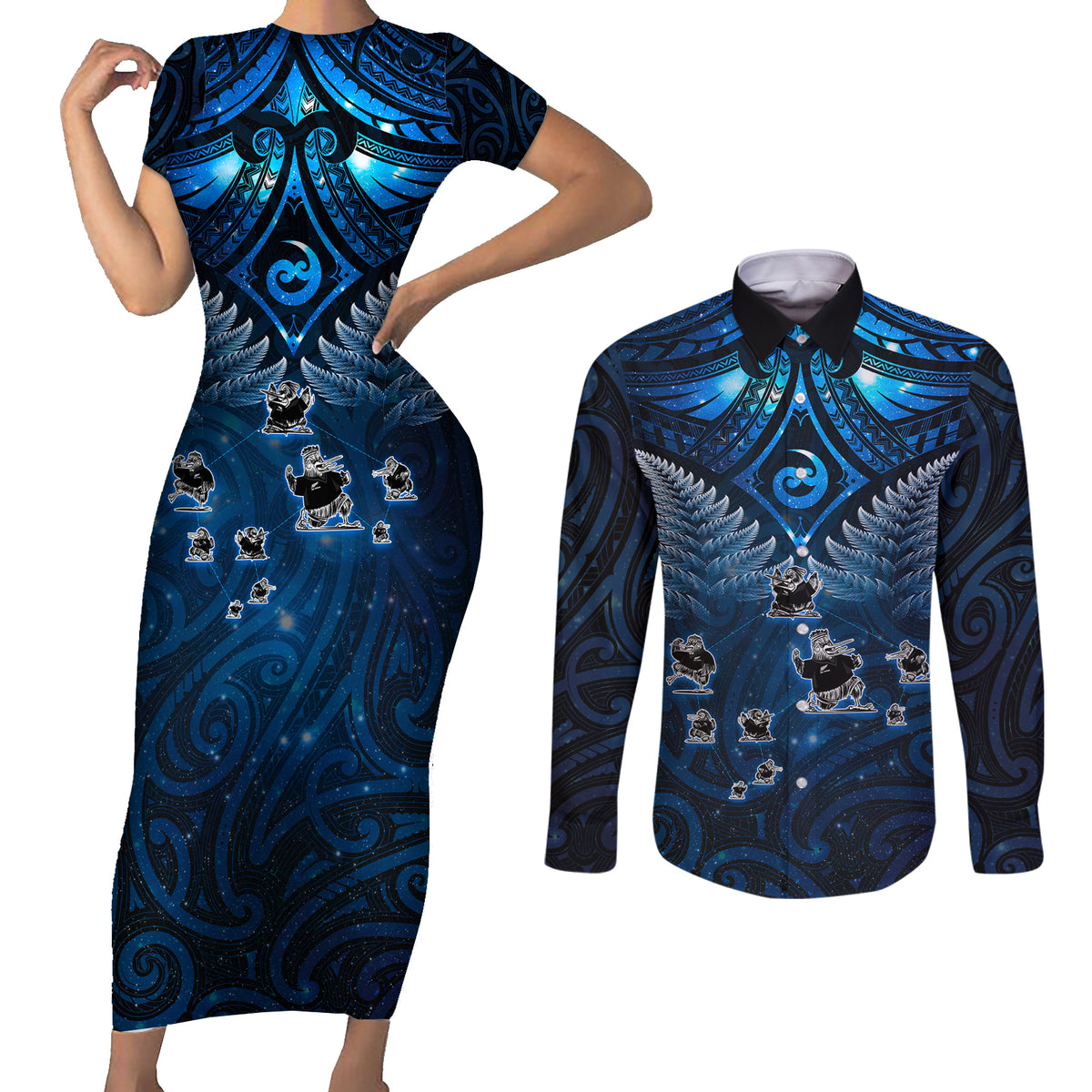 New Zealand Matariki Couples Matching Short Sleeve Bodycon Dress and Long Sleeve Button Shirt Maori Pattern and Kiwi Bird Haka Dance Sky Night LT03 Blue - Polynesian Pride
