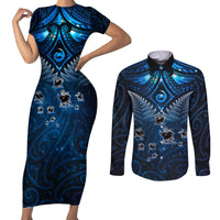 New Zealand Matariki Couples Matching Short Sleeve Bodycon Dress and Long Sleeve Button Shirt Maori Pattern and Kiwi Bird Haka Dance Sky Night LT03 Blue - Polynesian Pride