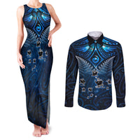 New Zealand Matariki Couples Matching Tank Maxi Dress and Long Sleeve Button Shirt Maori Pattern and Kiwi Bird Haka Dance Sky Night LT03 Blue - Polynesian Pride