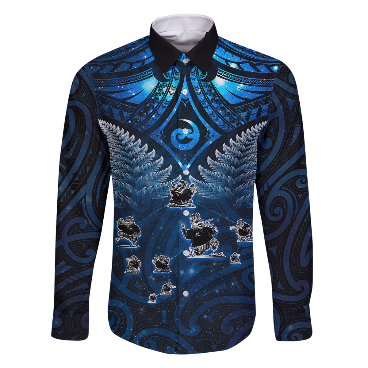 New Zealand Matariki Family Matching Long Sleeve Bodycon Dress and Hawaiian Shirt Maori Pattern and Kiwi Bird Haka Dance Sky Night LT03 Dad's Shirt - Long Sleeve Blue - Polynesian Pride