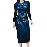 New Zealand Matariki Family Matching Long Sleeve Bodycon Dress and Hawaiian Shirt Maori Pattern and Kiwi Bird Haka Dance Sky Night LT03 Mom's Dress Blue - Polynesian Pride
