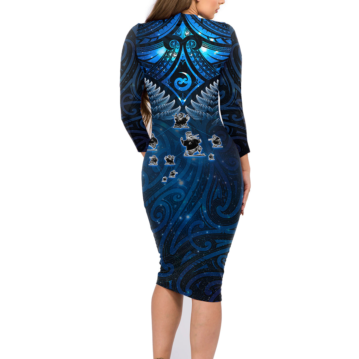 New Zealand Matariki Family Matching Long Sleeve Bodycon Dress and Hawaiian Shirt Maori Pattern and Kiwi Bird Haka Dance Sky Night LT03 - Polynesian Pride