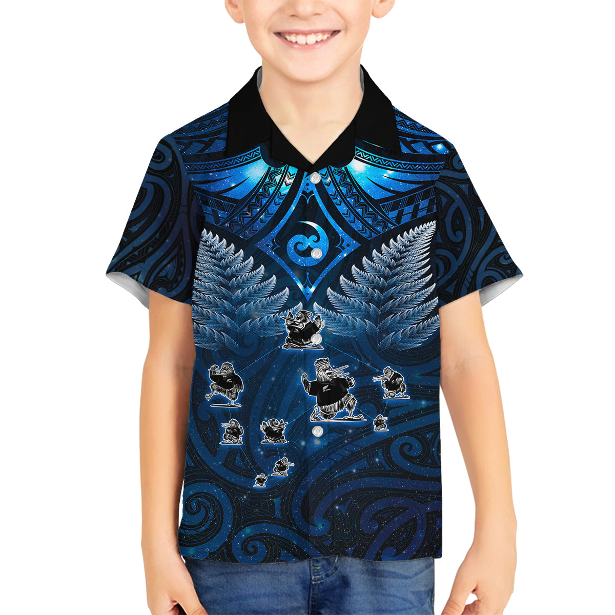 New Zealand Matariki Family Matching Long Sleeve Bodycon Dress and Hawaiian Shirt Maori Pattern and Kiwi Bird Haka Dance Sky Night LT03 Son's Shirt Blue - Polynesian Pride