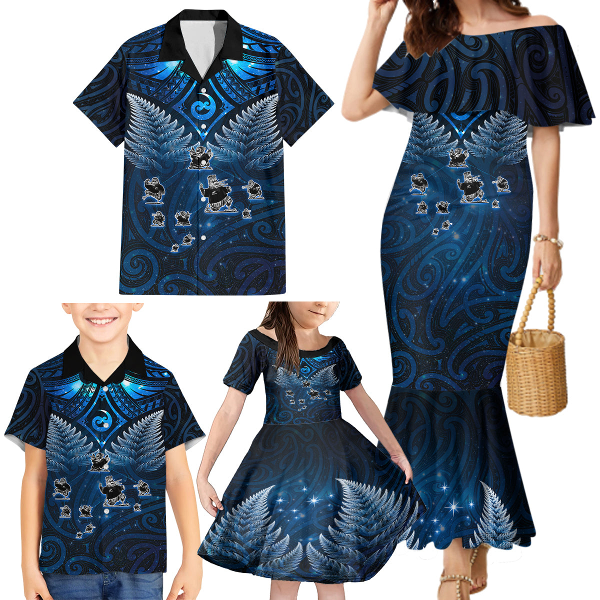 New Zealand Matariki Family Matching Mermaid Dress and Hawaiian Shirt Maori Pattern and Kiwi Bird Haka Dance Sky Night LT03 - Polynesian Pride