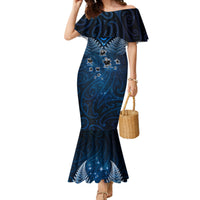 New Zealand Matariki Family Matching Mermaid Dress and Hawaiian Shirt Maori Pattern and Kiwi Bird Haka Dance Sky Night LT03 Mom's Dress Blue - Polynesian Pride