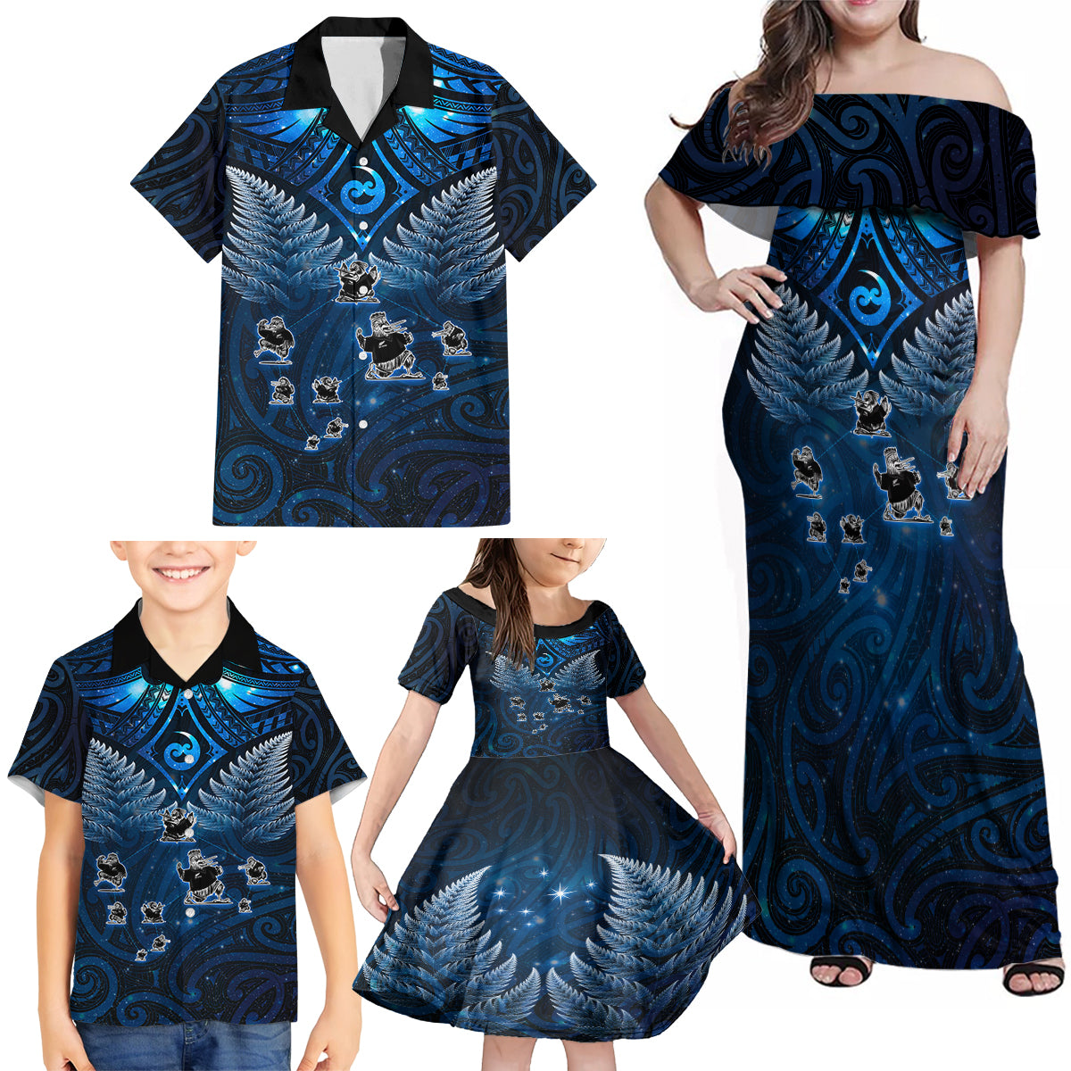 New Zealand Matariki Family Matching Off Shoulder Maxi Dress and Hawaiian Shirt Maori Pattern and Kiwi Bird Haka Dance Sky Night LT03 - Polynesian Pride