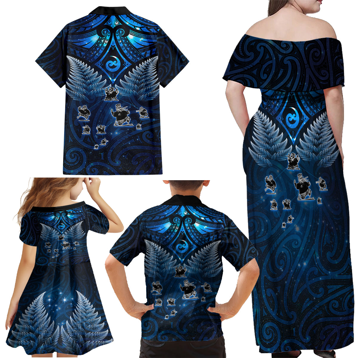 New Zealand Matariki Family Matching Off Shoulder Maxi Dress and Hawaiian Shirt Maori Pattern and Kiwi Bird Haka Dance Sky Night LT03 - Polynesian Pride