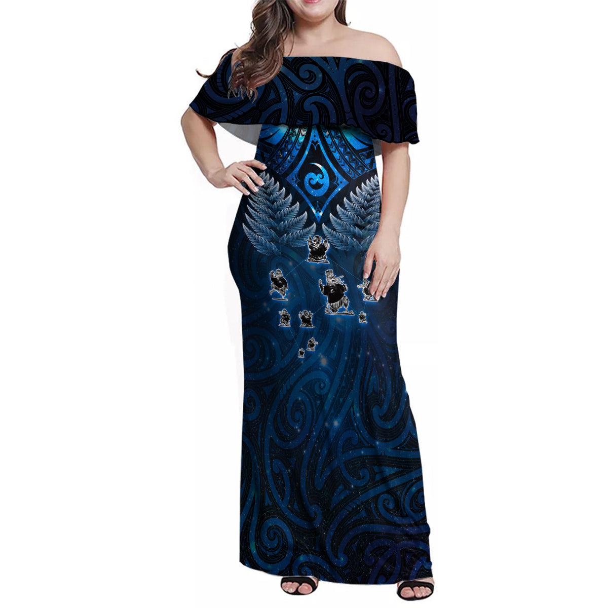 New Zealand Matariki Family Matching Off Shoulder Maxi Dress and Hawaiian Shirt Maori Pattern and Kiwi Bird Haka Dance Sky Night LT03 Mom's Dress Blue - Polynesian Pride