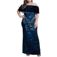 New Zealand Matariki Family Matching Off Shoulder Maxi Dress and Hawaiian Shirt Maori Pattern and Kiwi Bird Haka Dance Sky Night LT03 Mom's Dress Blue - Polynesian Pride