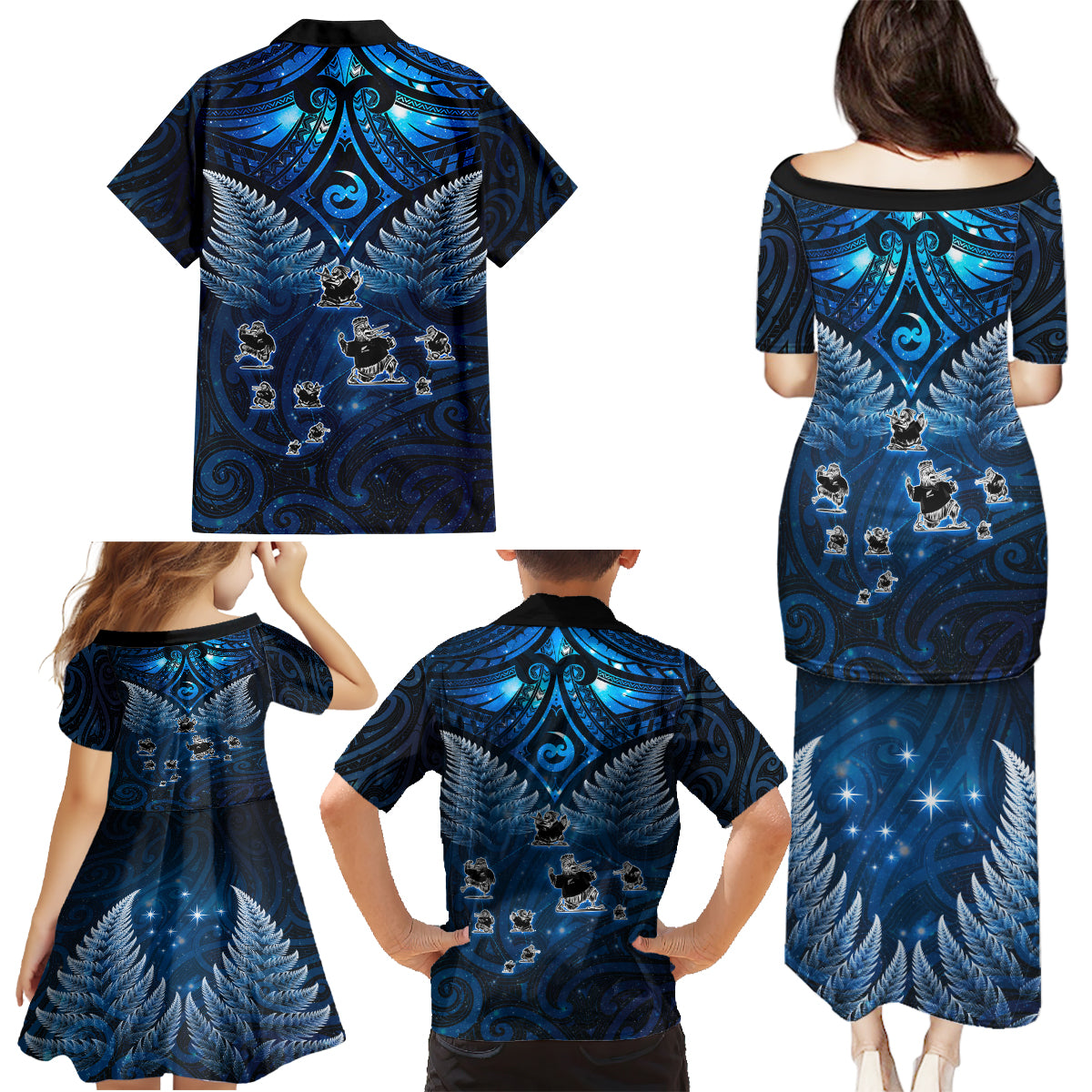 New Zealand Matariki Family Matching Puletasi and Hawaiian Shirt Maori Pattern and Kiwi Bird Haka Dance Sky Night LT03 - Polynesian Pride