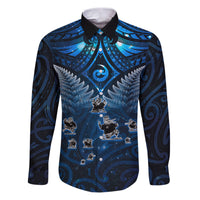 New Zealand Matariki Family Matching Puletasi and Hawaiian Shirt Maori Pattern and Kiwi Bird Haka Dance Sky Night LT03 Dad's Shirt - Long Sleeve Blue - Polynesian Pride